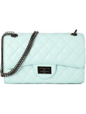 Women's Light Blue Quilted Crossbody Structured Purse Shoulder Bag Chain Strap